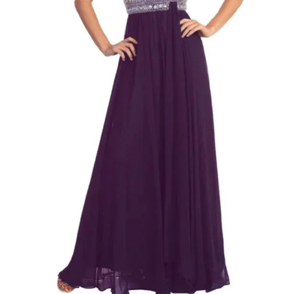 NEW LONG SLEEVELESS A-LINE CHIFFON DRESS EMBROIDERED WITH RHINESTONES GL1015